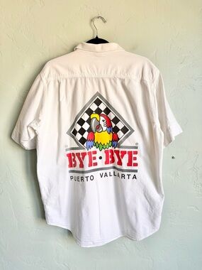 90’s Vintage Bye Bye Puerto Vallarta White Button Up Parrot Shirt XL Beach Vibes